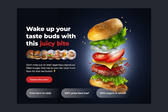 Burger place website with CTA to explore the menu